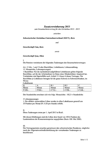 Zusatzvereinbarung 2013